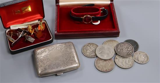 A silver cigarette case, cufflinks, coinage, Longines watch (9ct)